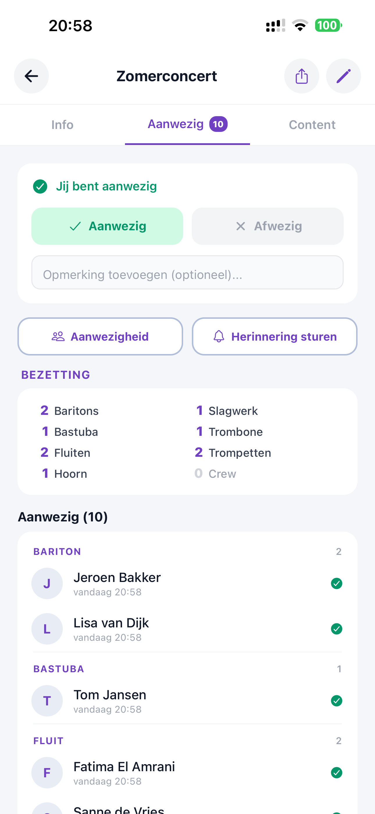 ZoppaBox app schermafbeelding — aan- en afmelden voor een optreden