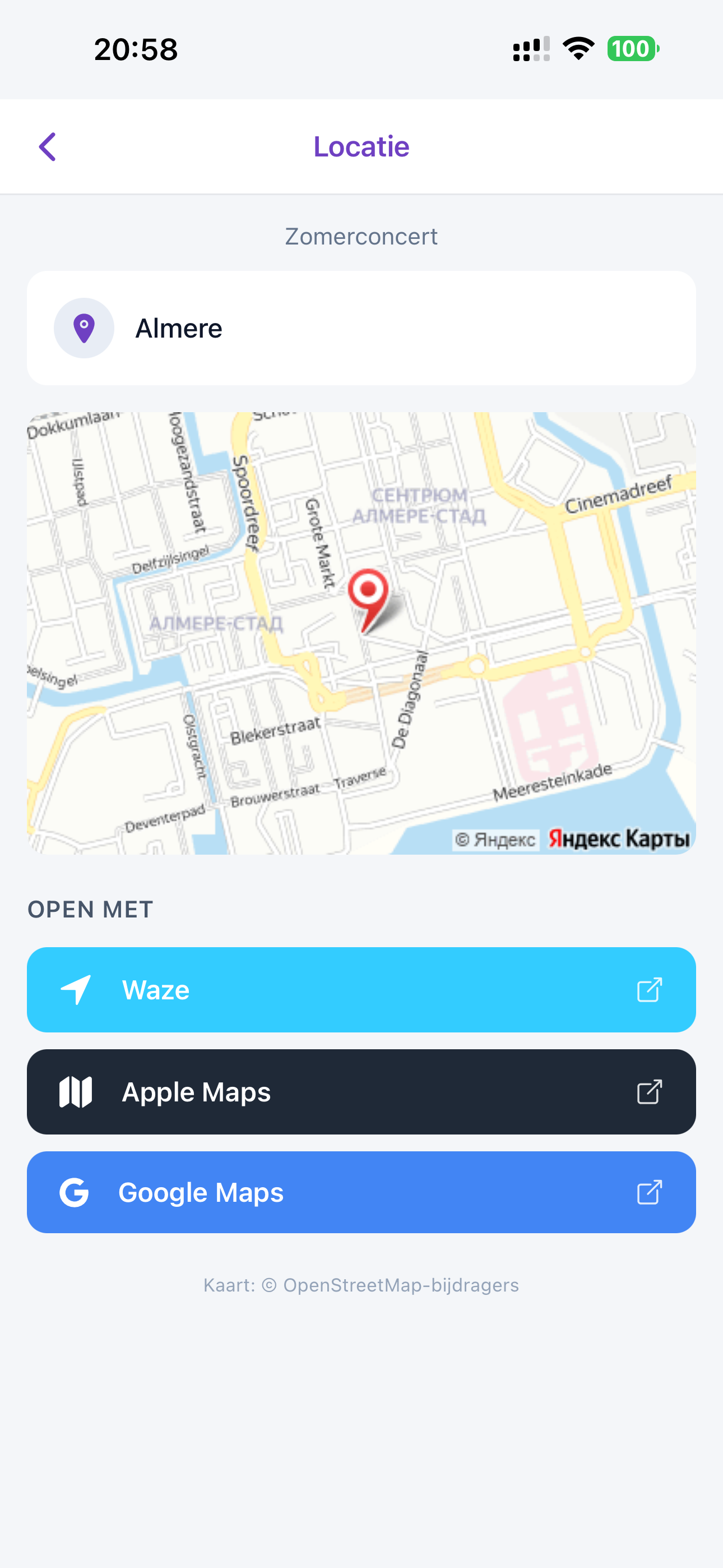 ZoppaBox app schermafbeelding — details van een optreden in de agenda