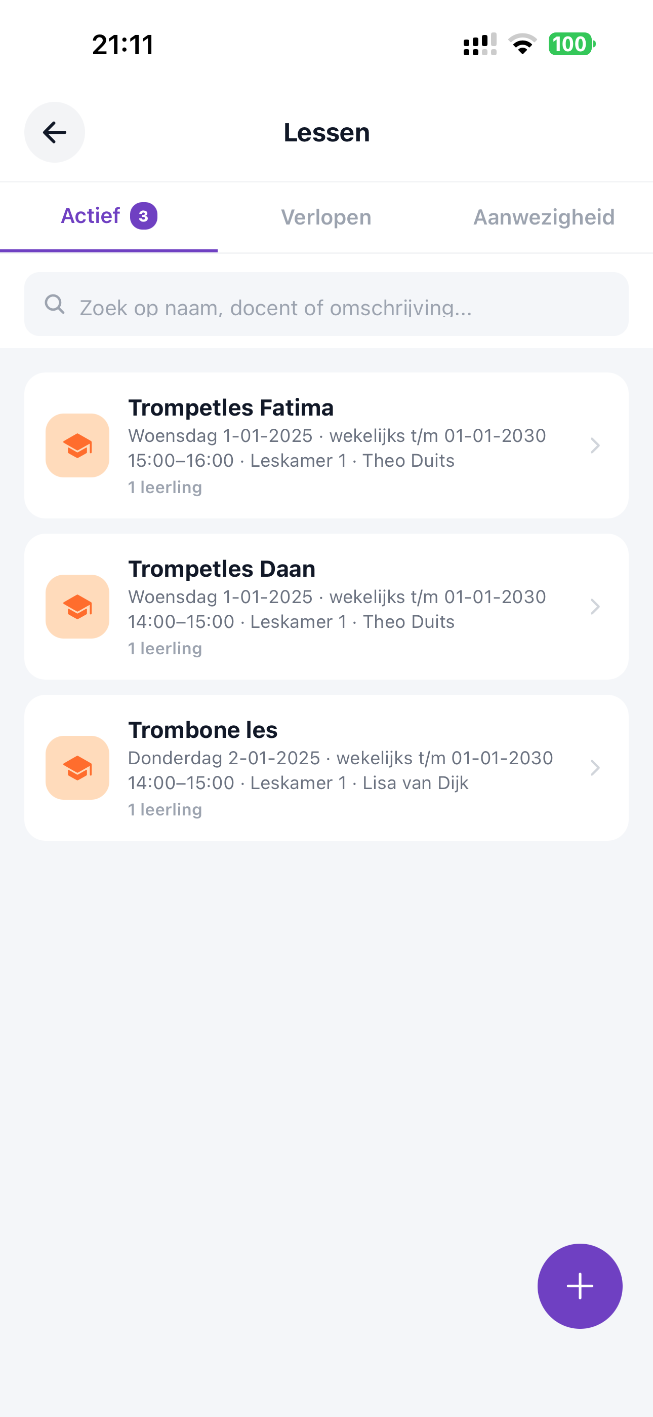 ZoppaBox app schermafbeelding — overzicht van lesgroepen en docenten