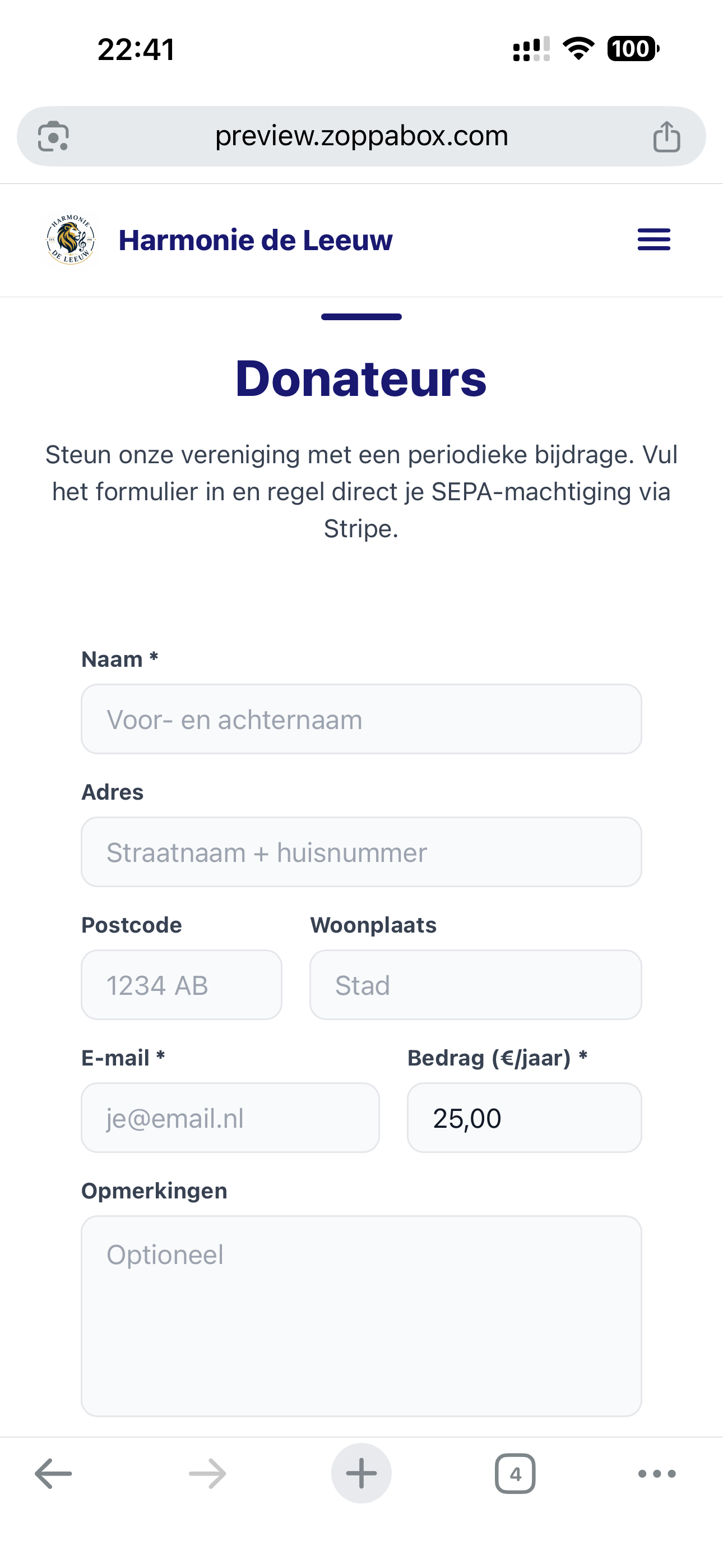 ZoppaBox app schermafbeelding — online formulier om donateur te worden met SEPA-machtiging