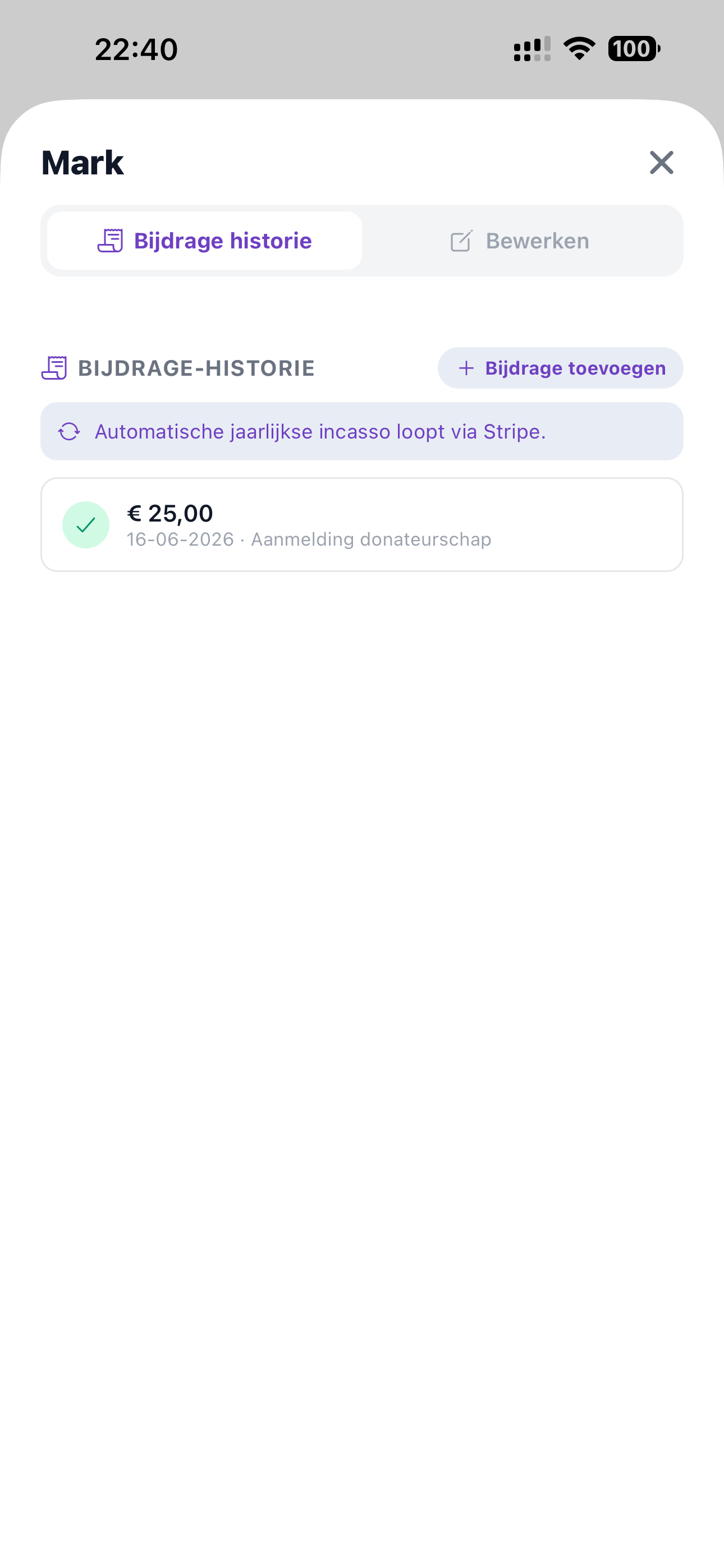 ZoppaBox app schermafbeelding — bijdrage-historie van een donateur