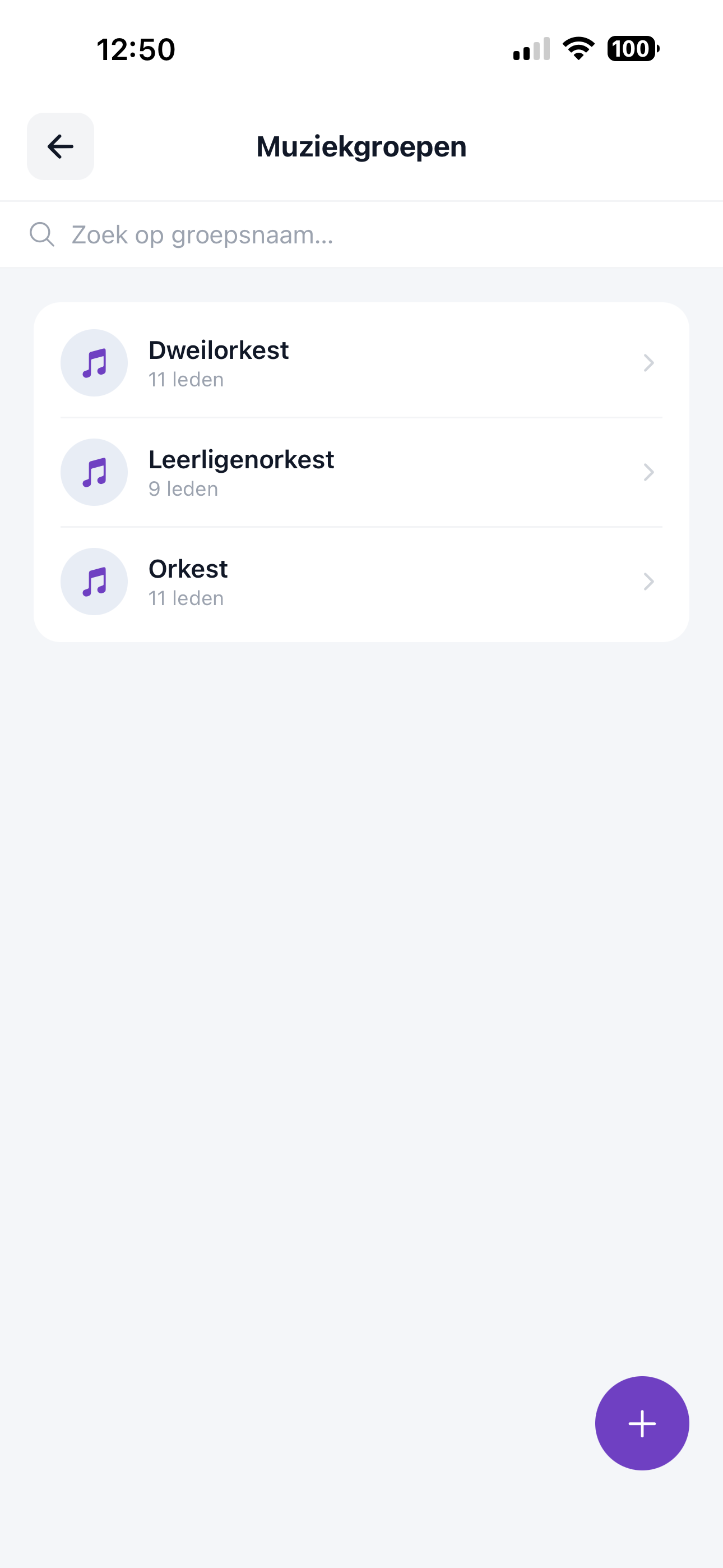 ZoppaBox app screenshot — overview of all music groups with number of members
