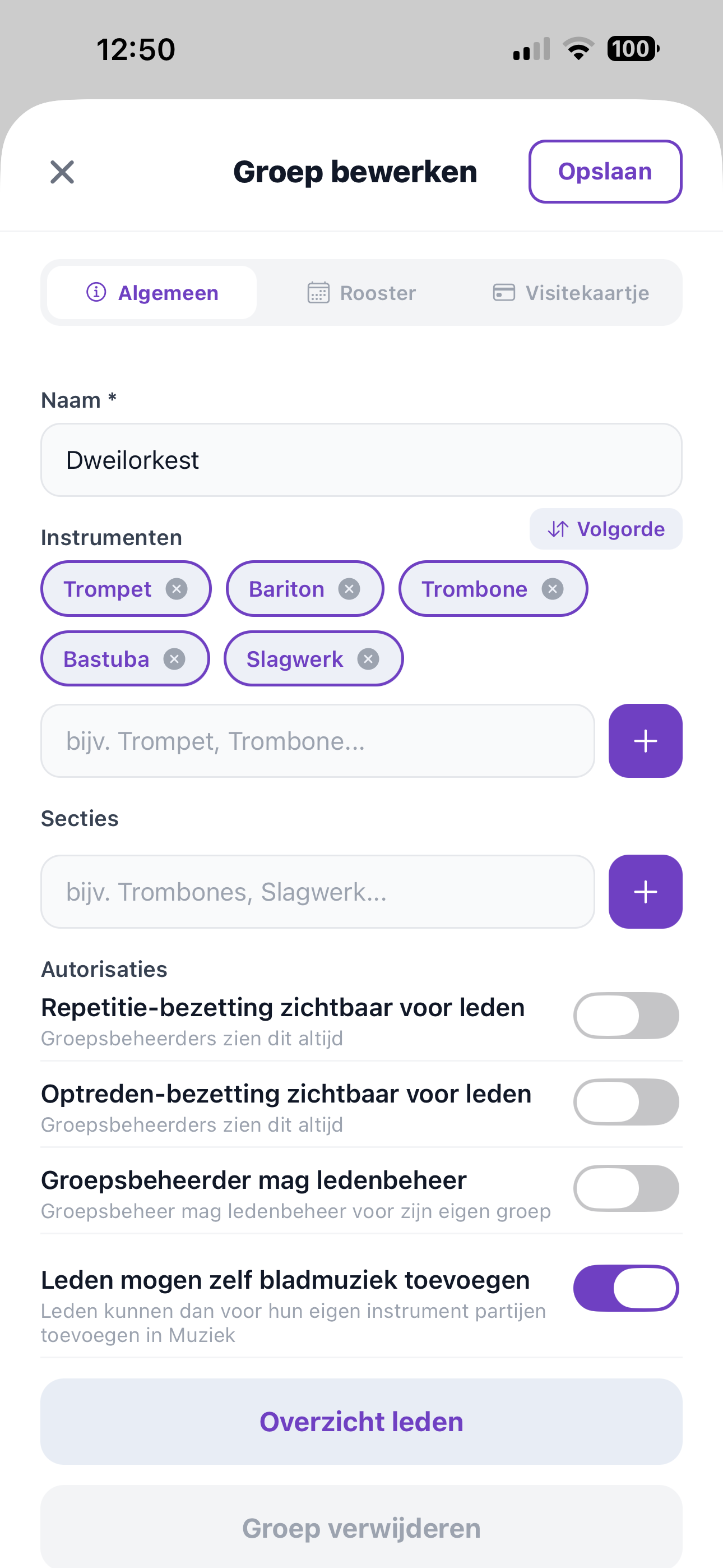 ZoppaBox app screenshot — setting up a group with instruments, sections and permissions