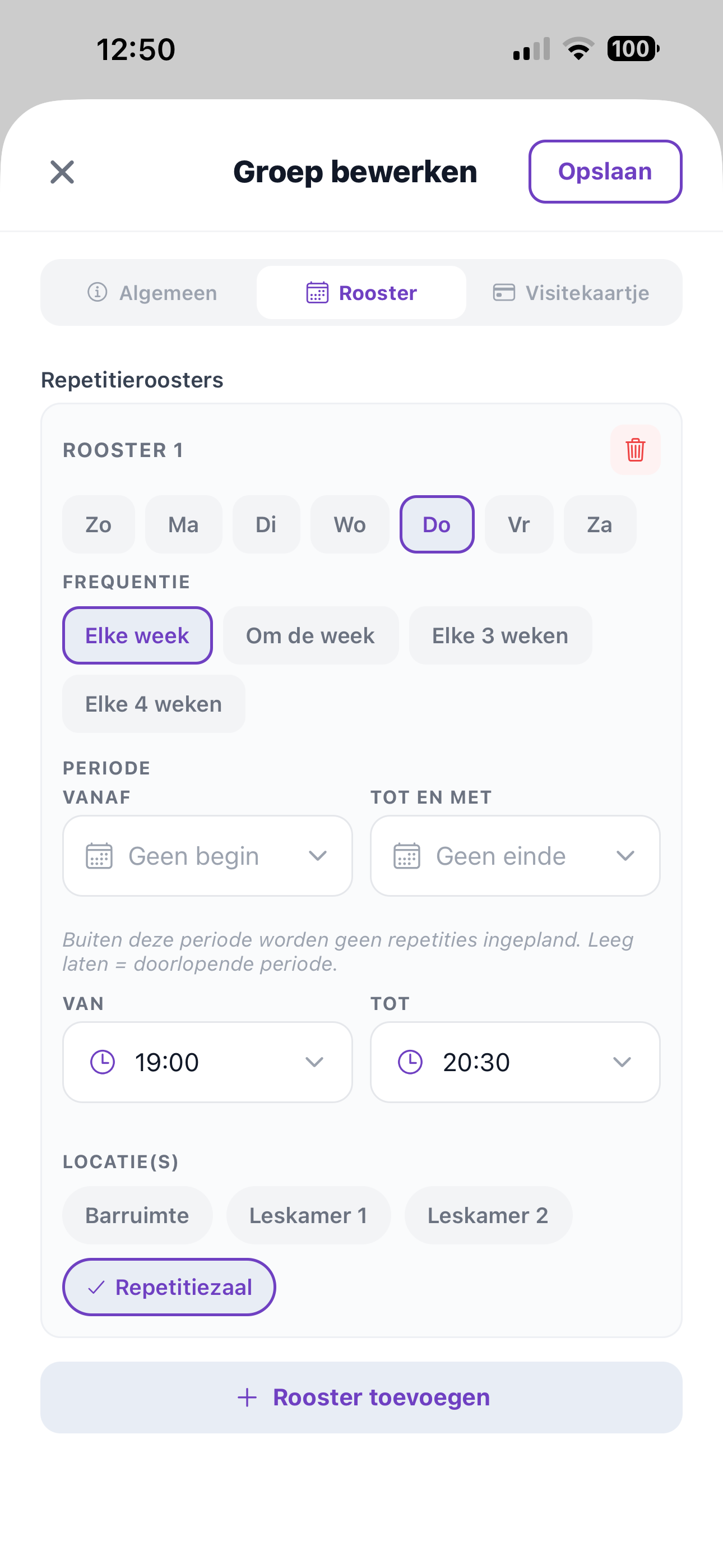 ZoppaBox app screenshot — setting a fixed rehearsal schedule per group