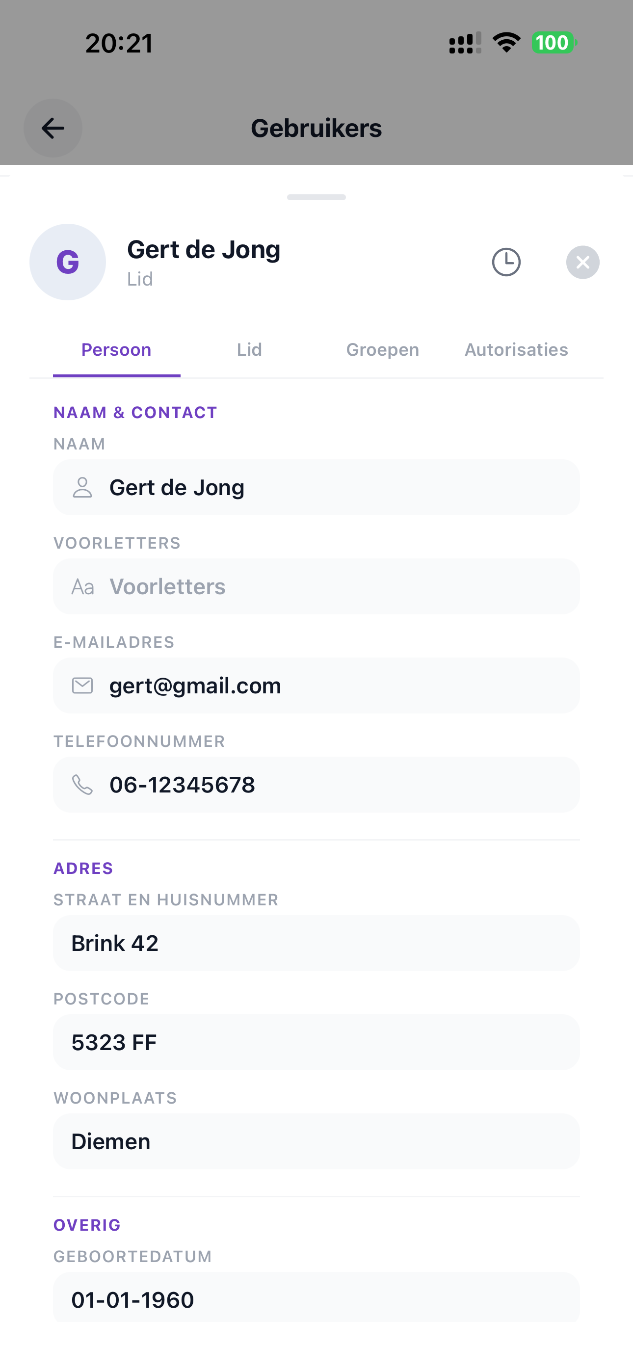 ZoppaBox app screenshot — member profile with contact details and address
