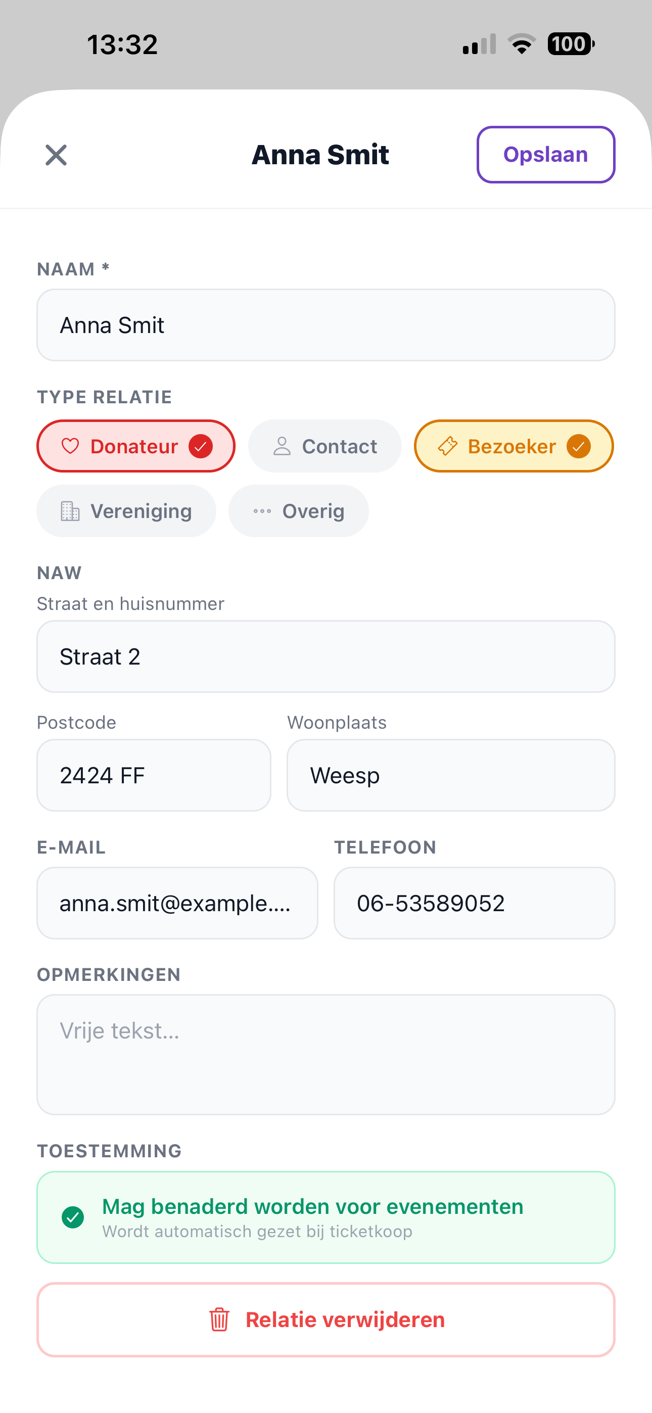 ZoppaBox app schermafbeelding — relatie bewerken met type, adresgegevens en toestemming
