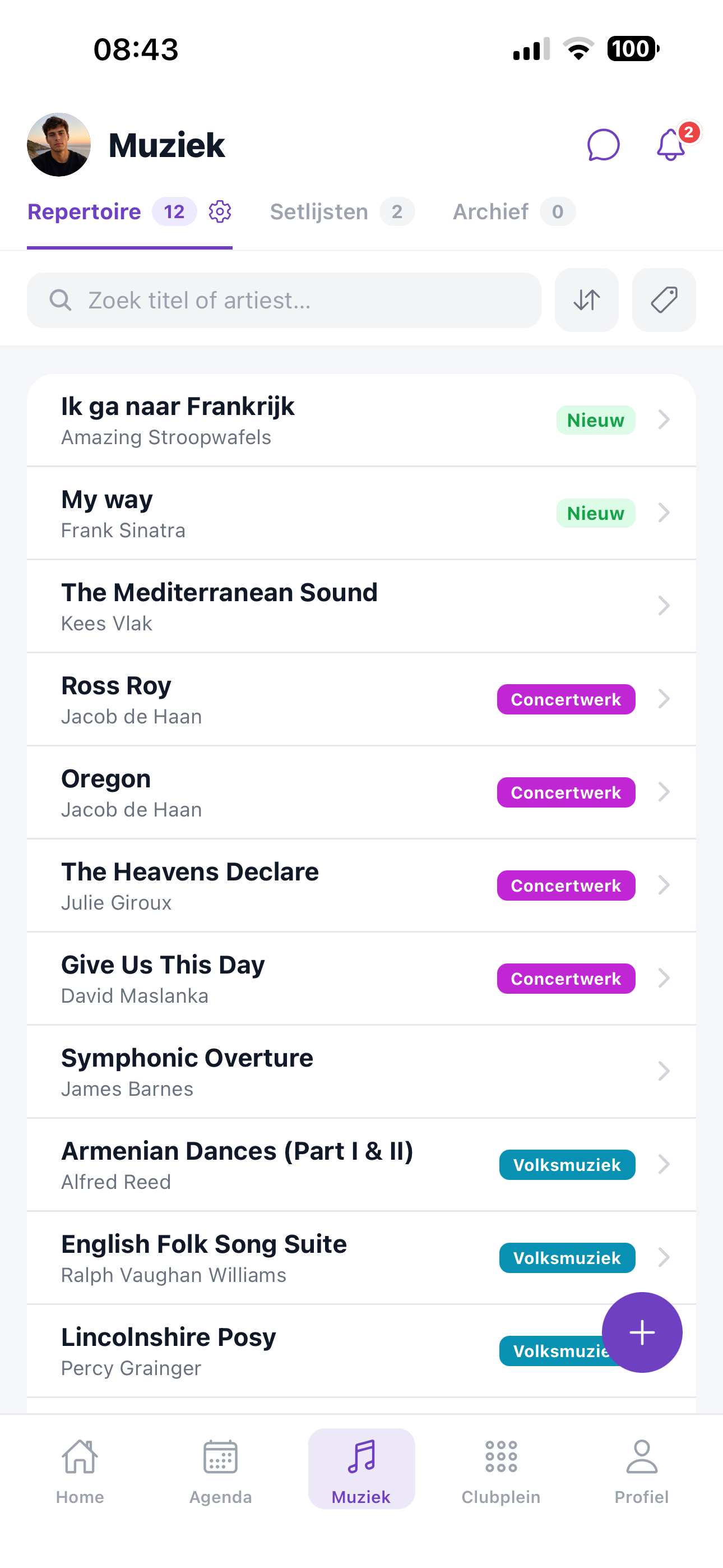 ZoppaBox app screenshot — overview of the repertoire with labels such as new, concert work and folk music