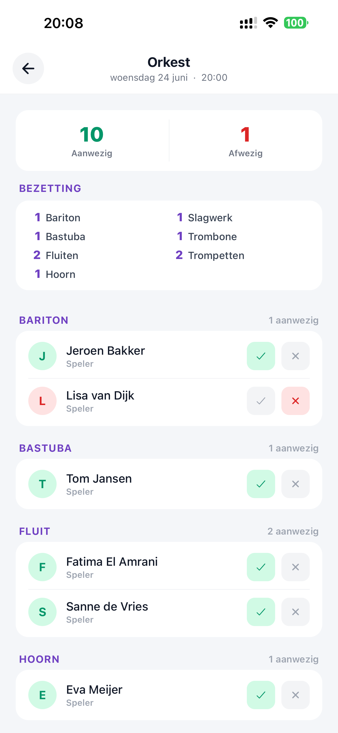ZoppaBox app schermafbeelding — aanwezigheid per sectie registreren