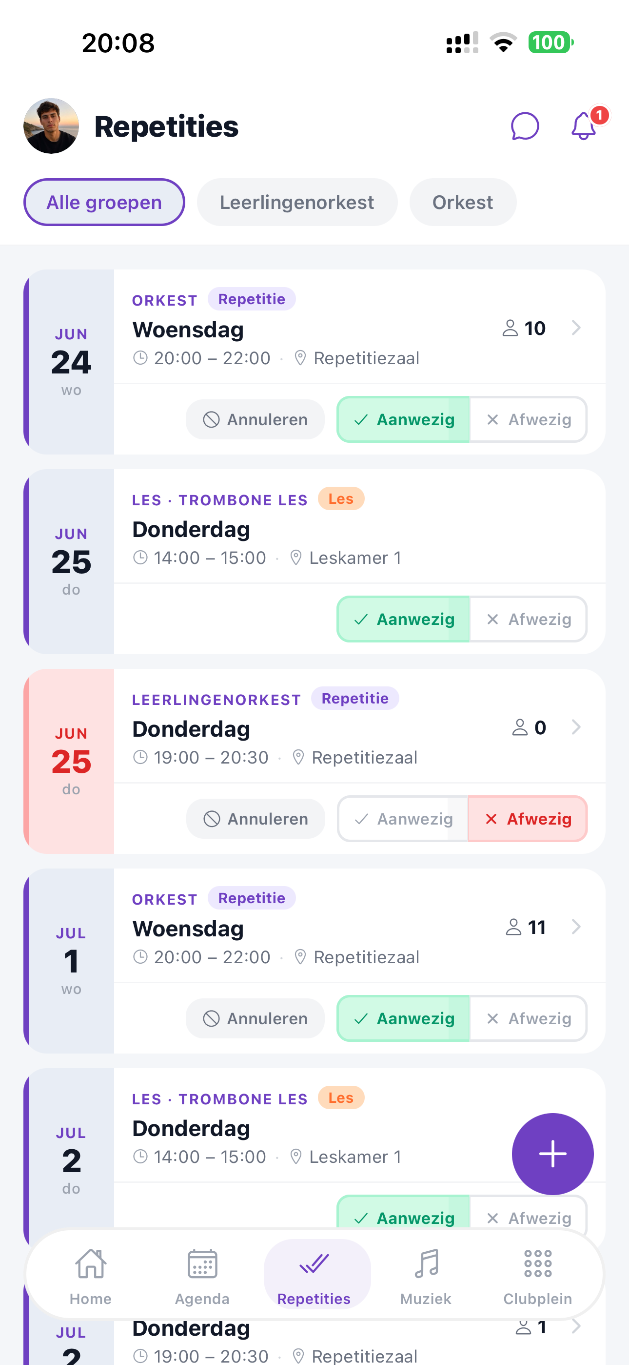 ZoppaBox app schermafbeelding — overzicht van geplande repetities en lessen