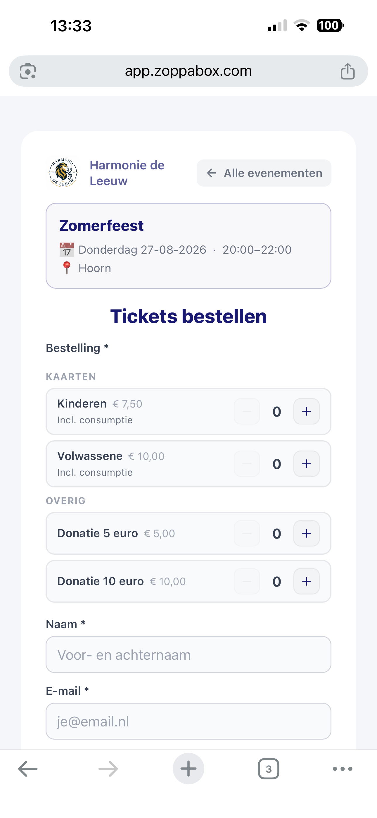 ZoppaBox schermafbeelding — online tickets bestellen met kaarttypes en optionele donatie