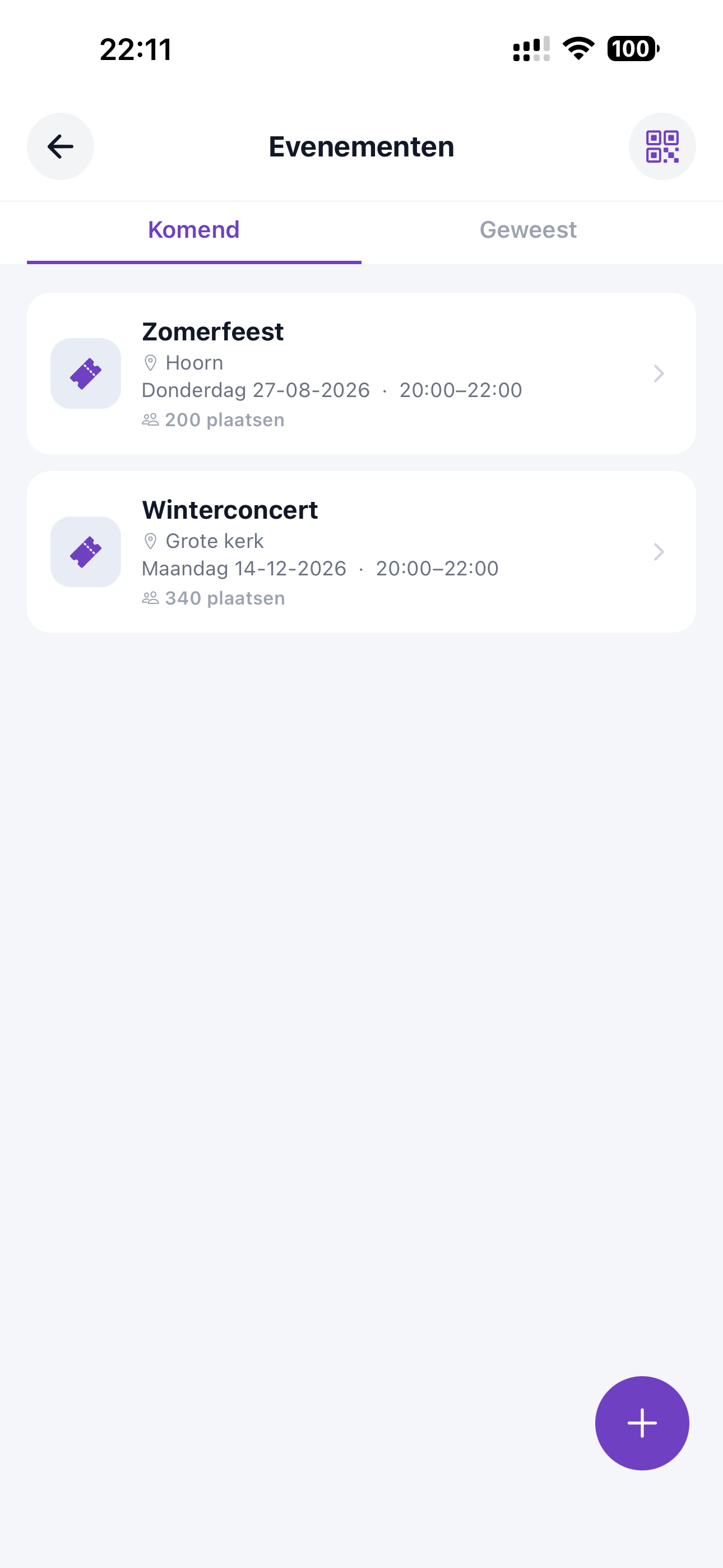 ZoppaBox app screenshot — overview of upcoming and past events