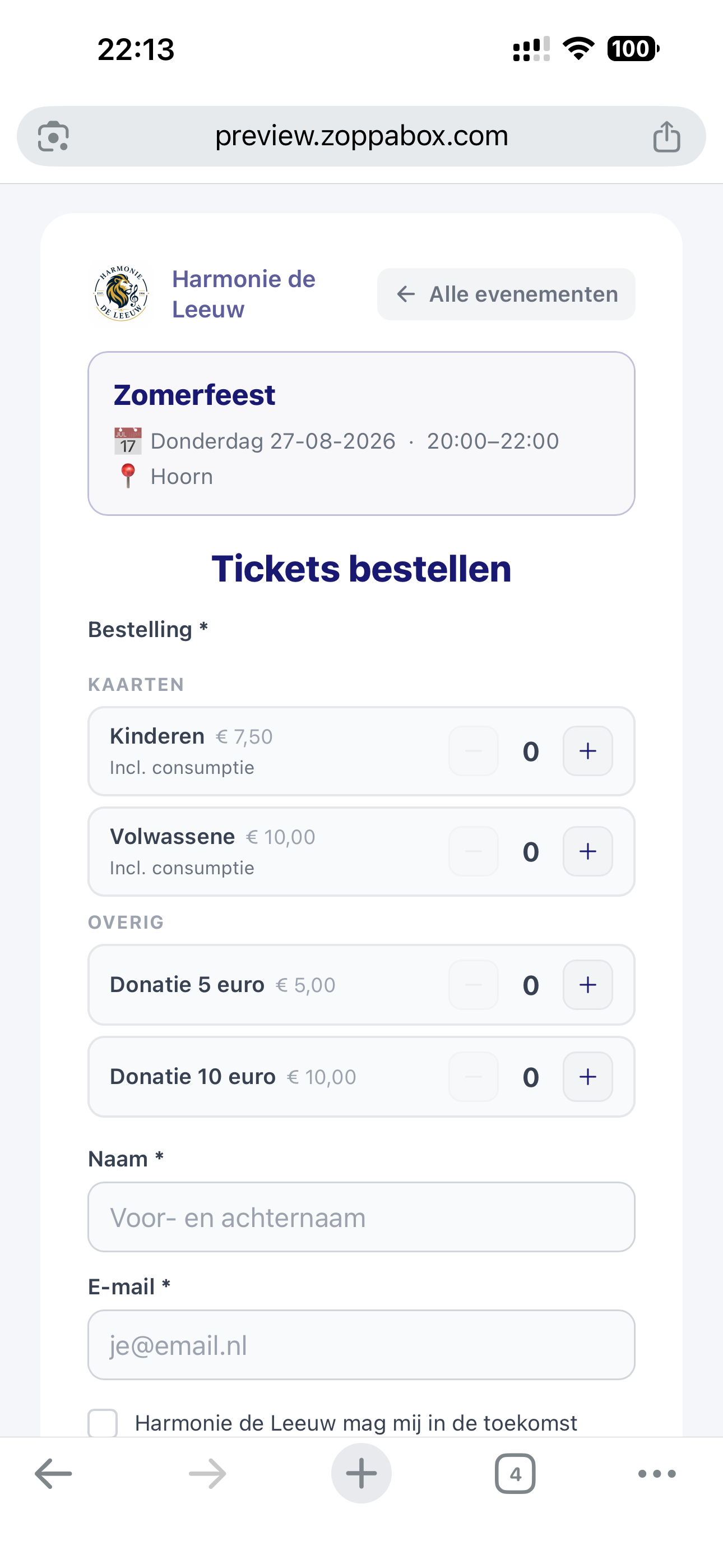 ZoppaBox app screenshot — online order page for tickets