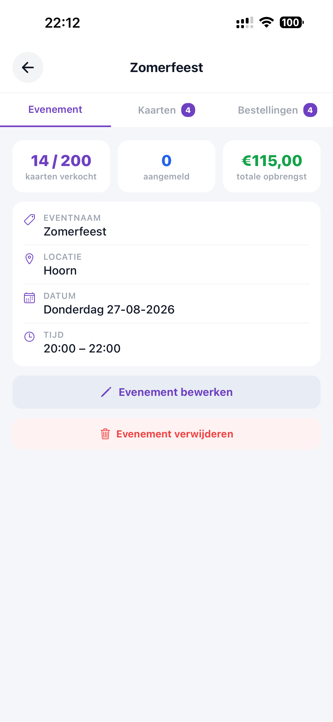 ZoppaBox app screenshot — managing an event with tickets sold and revenue
