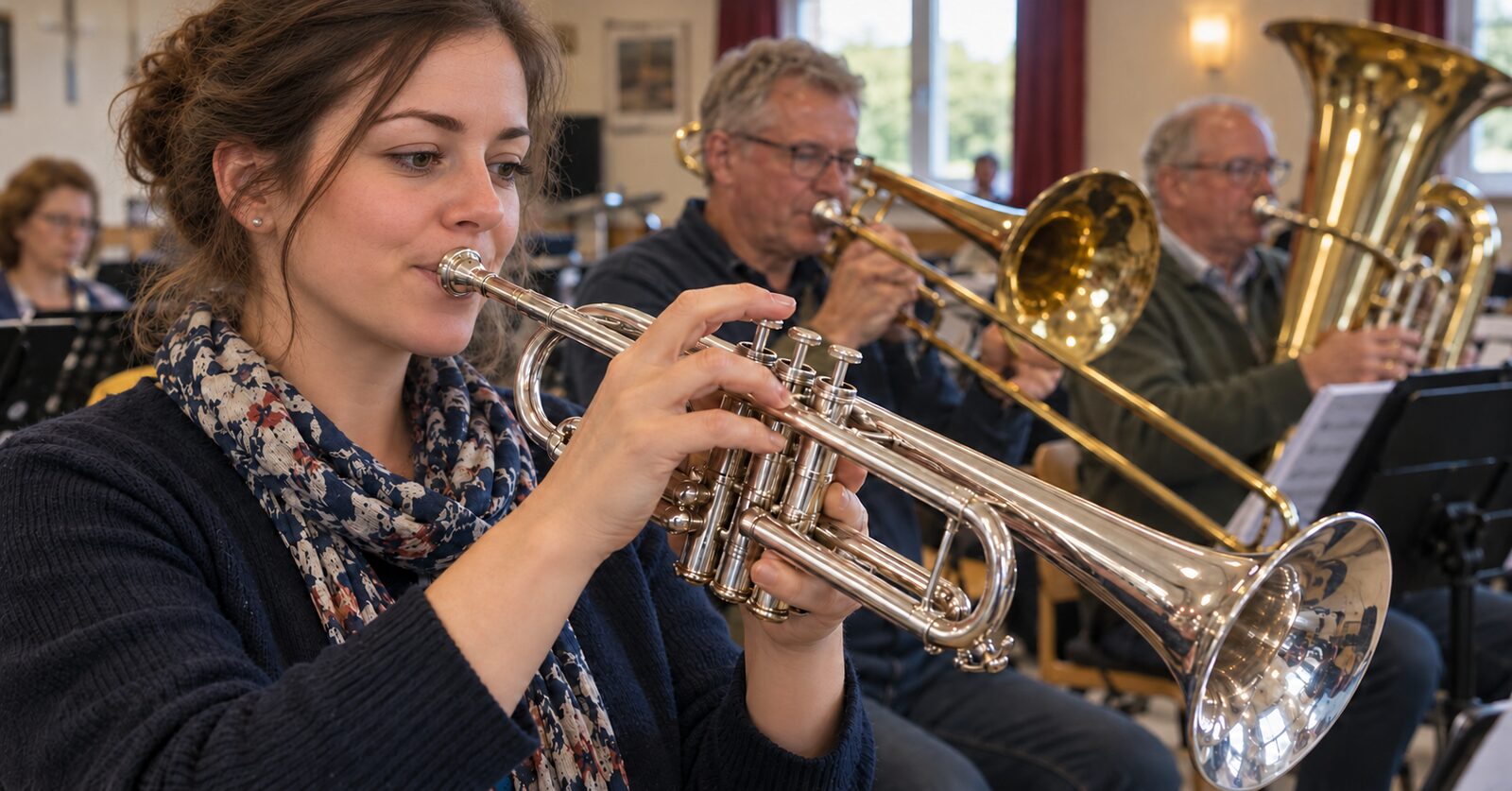 Trompettist, trombonist en tubaïst tijdens een repetitie van een blaaskapel
