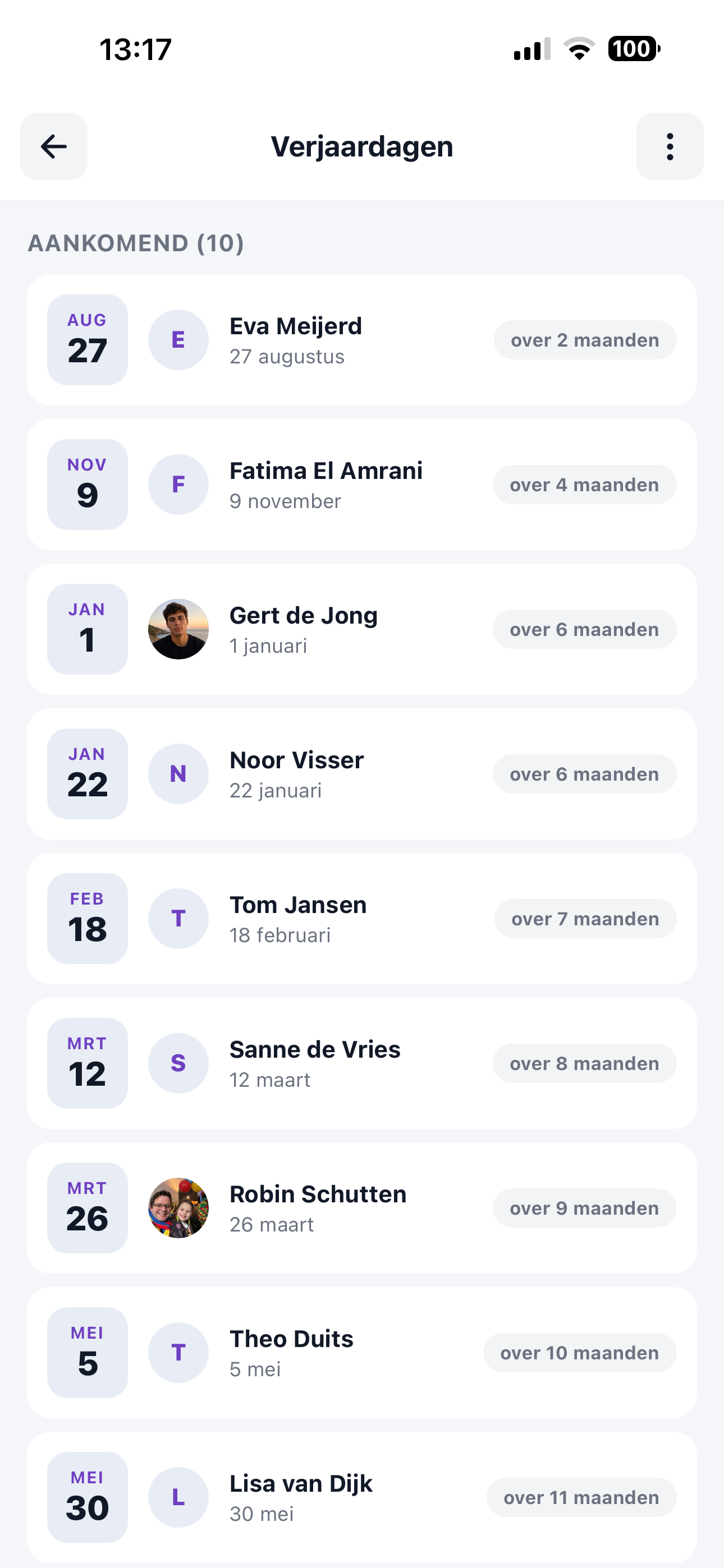 ZoppaBox app schermafbeelding — overzicht van aankomende verjaardagen