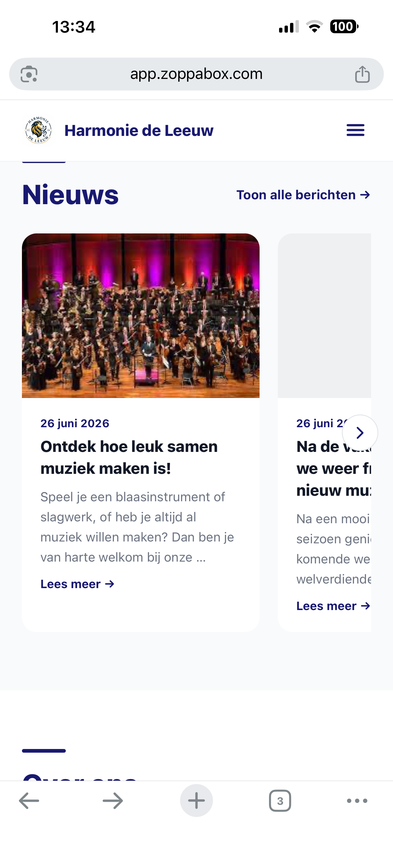 ZoppaBox schermafbeelding — verenigingswebsite met actueel nieuwsoverzicht