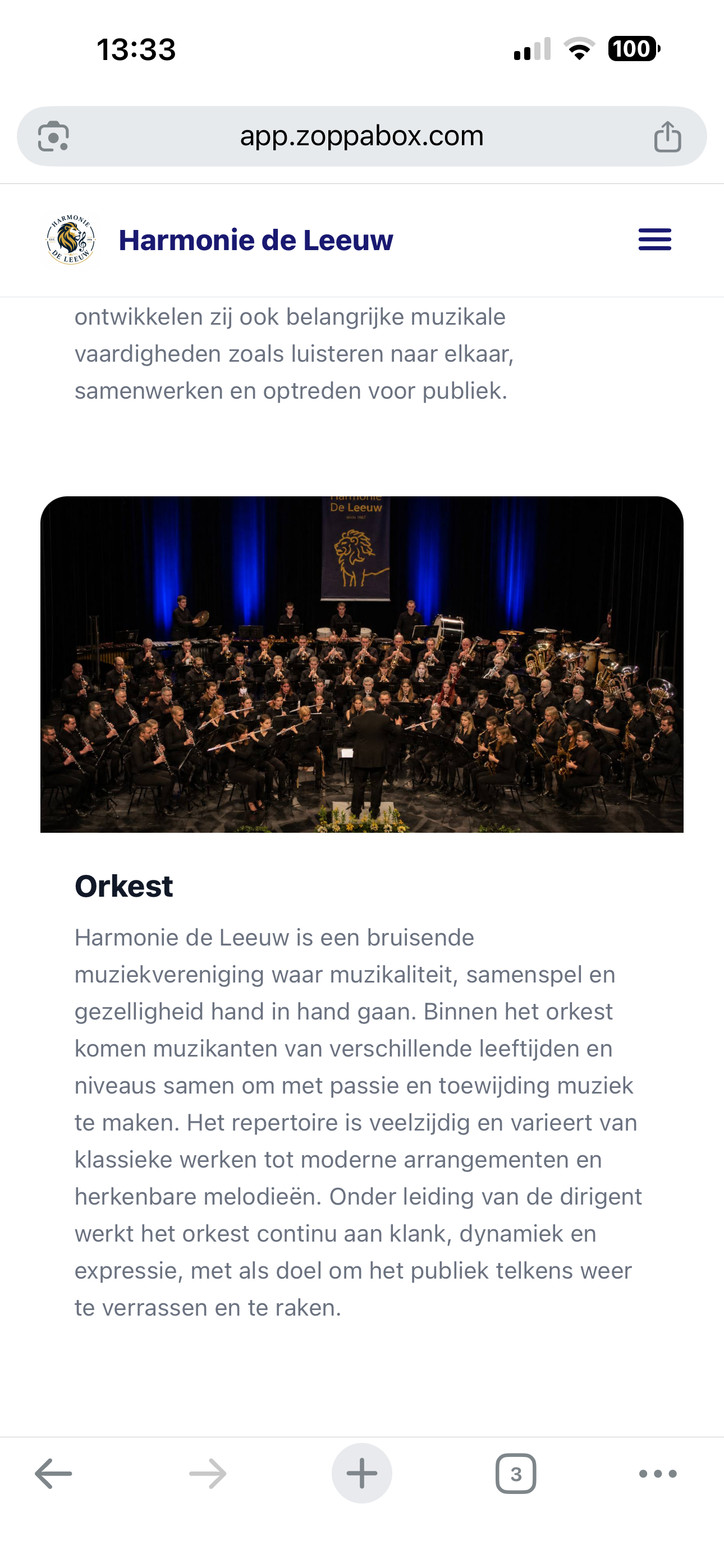 ZoppaBox schermafbeelding — pagina over de vereniging en het orkest
