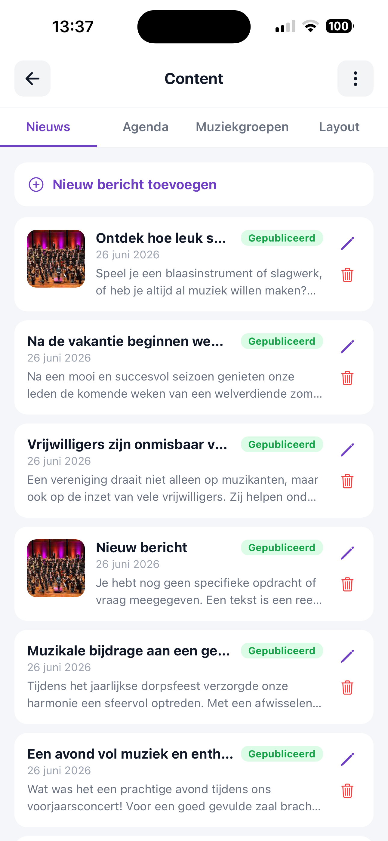 ZoppaBox app schermafbeelding — content beheren met tabbladen Nieuws, Agenda, Muziekgroepen en Layout