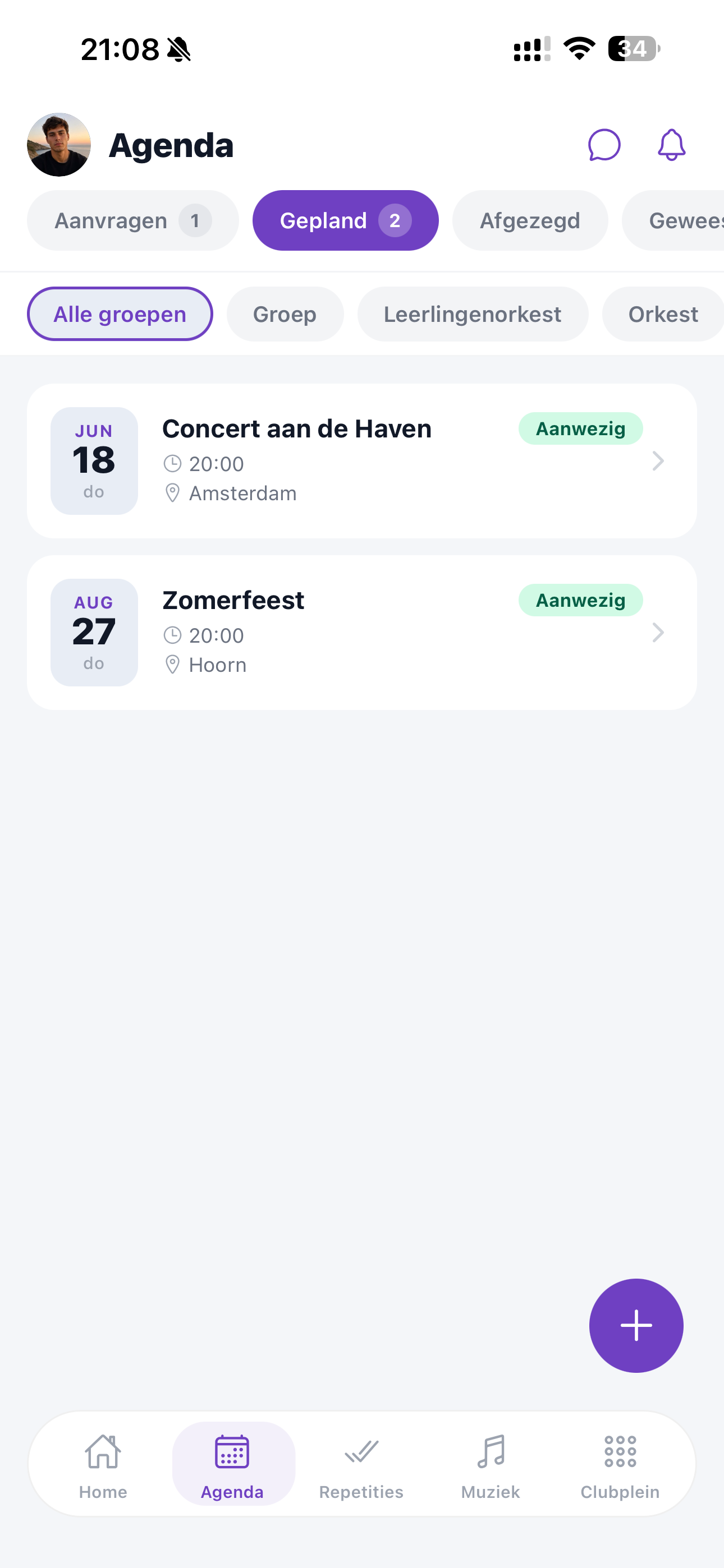 ZoppaBox app schermafbeelding — agenda met optredens en repetities